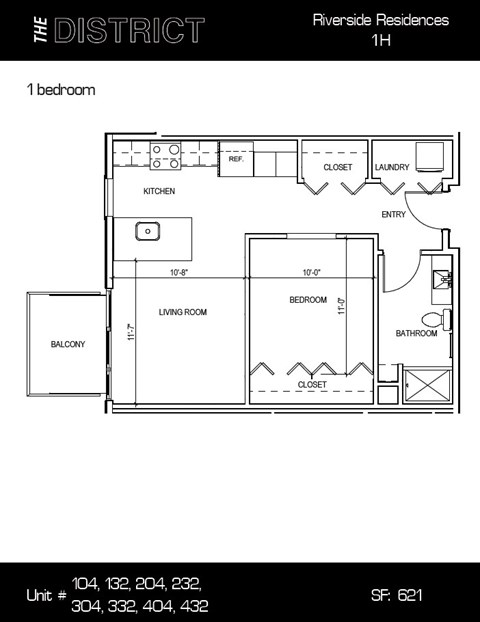Floor plan for 1 bed, 1 bath, 621 sqft